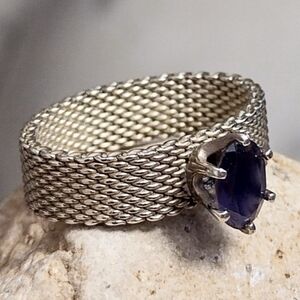 Vintage Mesh Ring Sterling Silver Amethyst Stone  Size 7